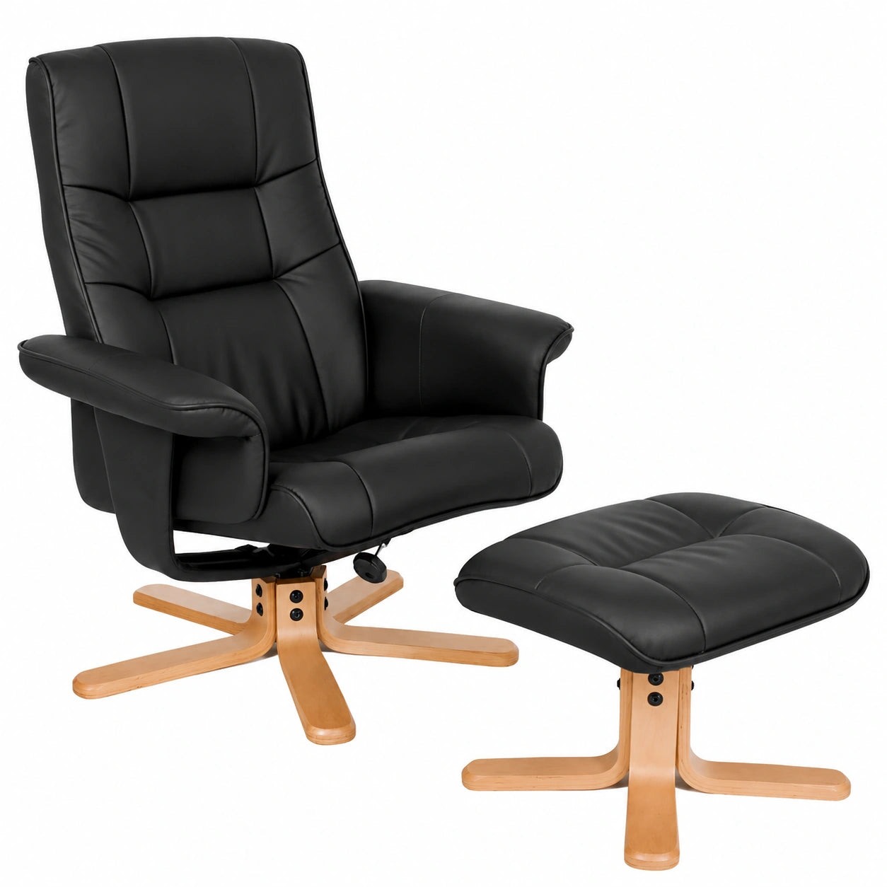 Poltrona TV Relax in Ecopelle, Reclinabile con Poggiapiedi, Schienale Regolabile, 360° Girevole, Base Robusta in Legno, 95x78x75-100 cm, Nero/Beige