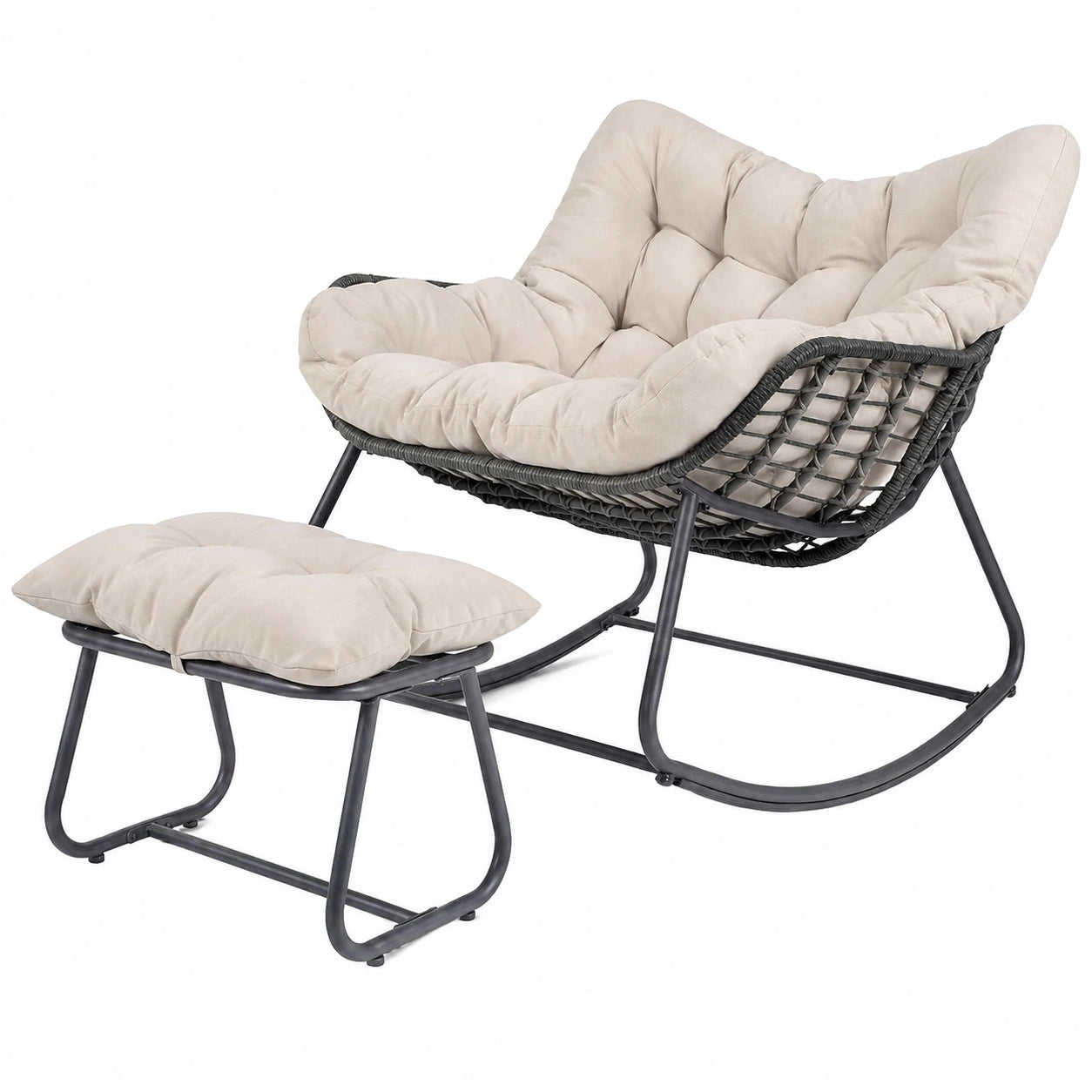 Poltrona a Dondolo in Rattan con Cuscini, per Interno ed Esterno, Portata 150 kg, Beige