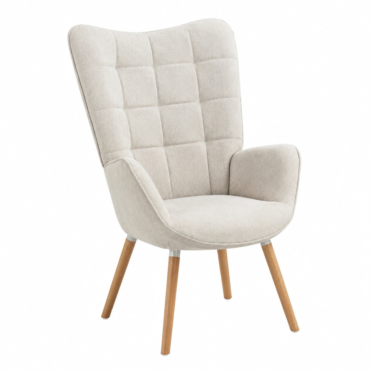 Poltrona Relax Scandinava in Tessuto con Braccioli e Gambe in Legno, Beige, per Soggiorno e Camera da Letto