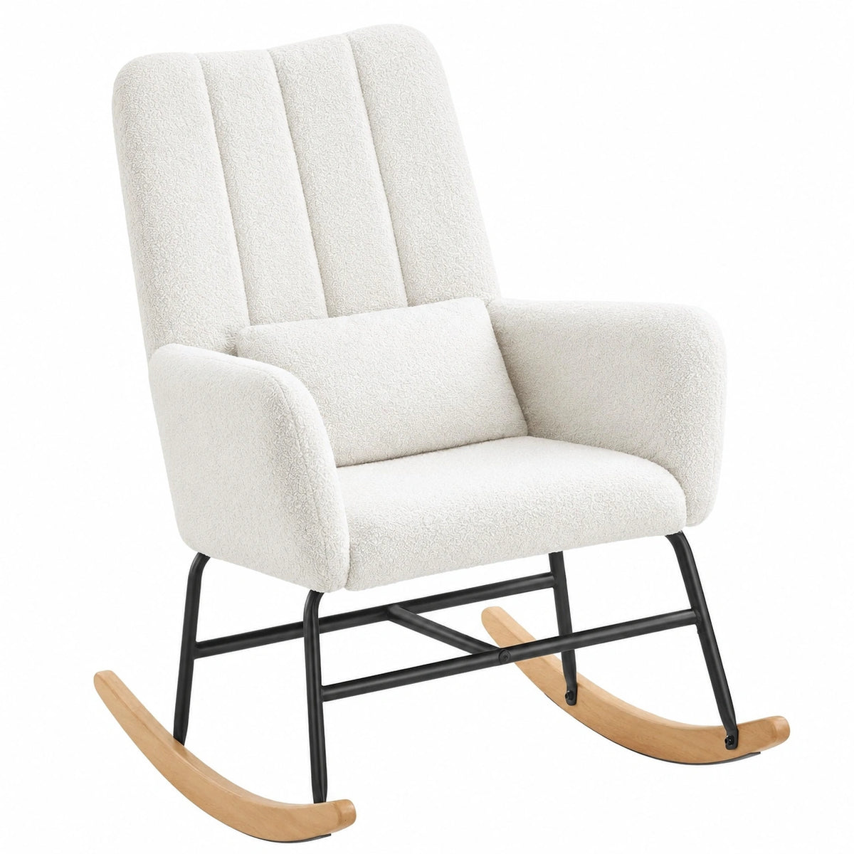 Poltrona a Dondolo Comfort SONGMICS, Braccioli e Rivestimento Morbido, Struttura in Acciaio, Gambe in Legno, Portata 160 kg, per Salotto e Camera, Bianco Crema