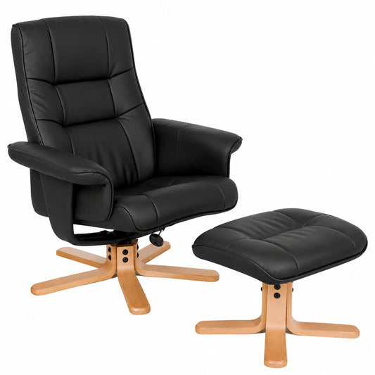 Poltrona TV Relax in Ecopelle, Reclinabile con Poggiapiedi, Schienale Regolabile, 360° Girevole, Base Robusta in Legno, 95x78x75-100 cm, Nero/Beige