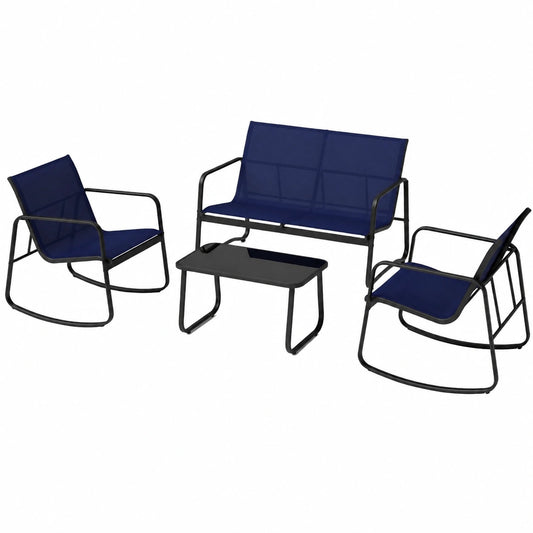 Set da Giardino in Textilene Blu, 4 Pezzi: Tavolo, 2 Sedie a Dondolo e Divanetto