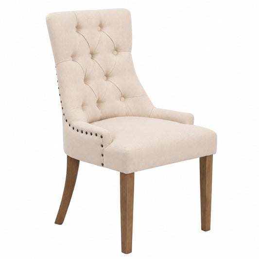 Poltrona da Pranzo Chesterfield Aberdeen in Tessuto Imbottito, Schienale Alto, Legno di Caucciù, Colore Panna, Cornice Antico Chiaro