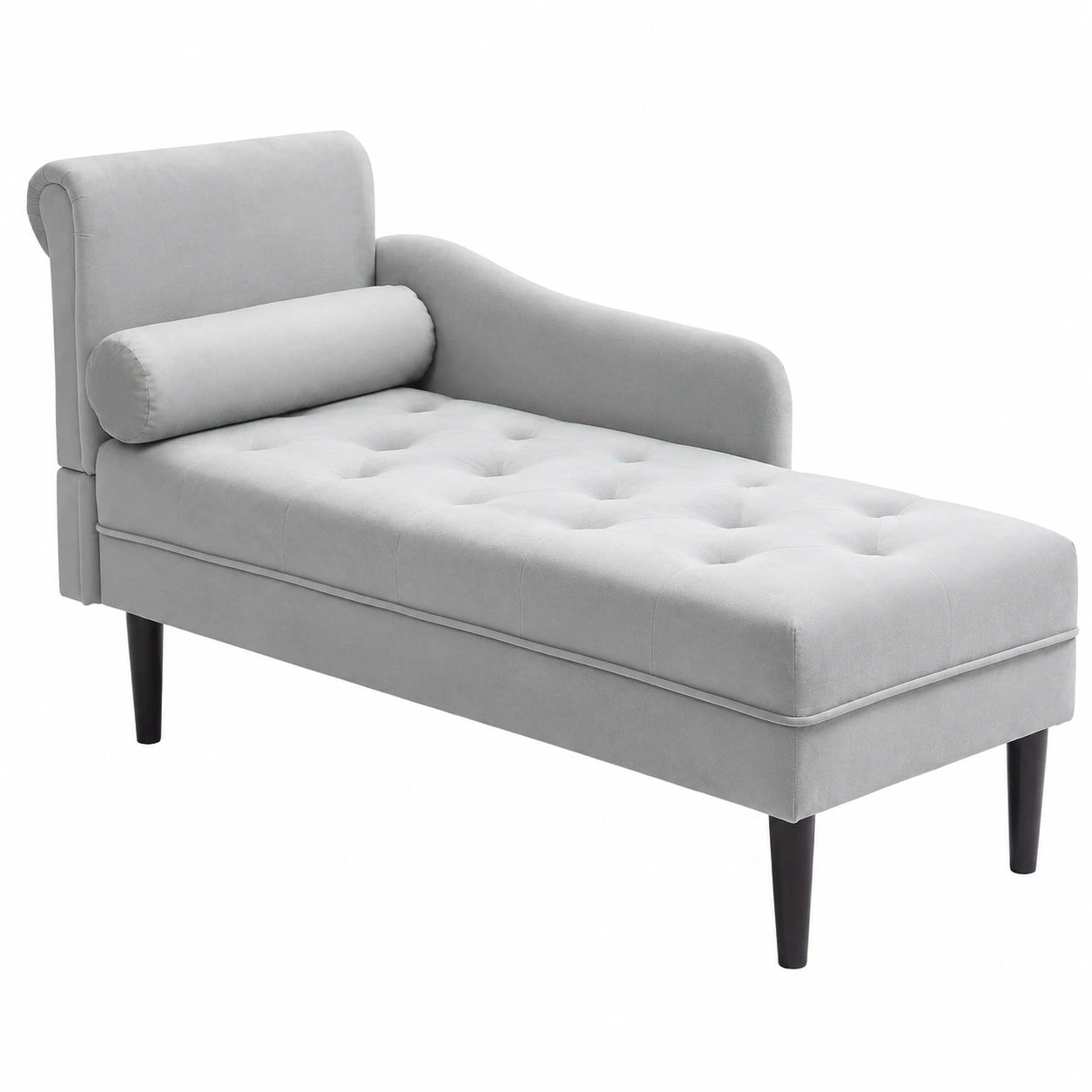 Chaise Longue in Velluto con Cuscino e Bracciolo Sinistro, Gambe in Legno, Grigio