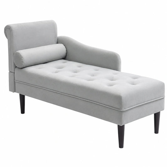 Chaise Longue in Velluto con Cuscino e Bracciolo Sinistro, Gambe in Legno, Grigio