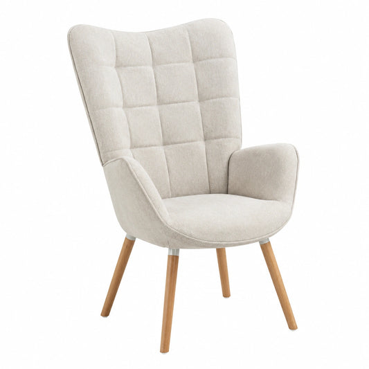 Poltrona Relax Scandinava in Tessuto con Braccioli e Gambe in Legno, Beige, per Soggiorno e Camera da Letto