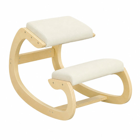 Sedia Ergonomica HOMCOM con Inginocchiatoio e Movimento a Dondolo in Tessuto Crema e Legno
