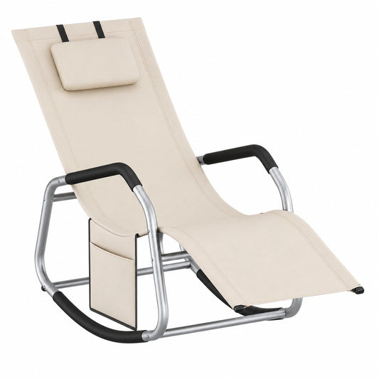 Poltrona a Dondolo Ergonomica in Acciaio con Cuscino Regolabile e Tasca, 151x56x97 cm, Beige