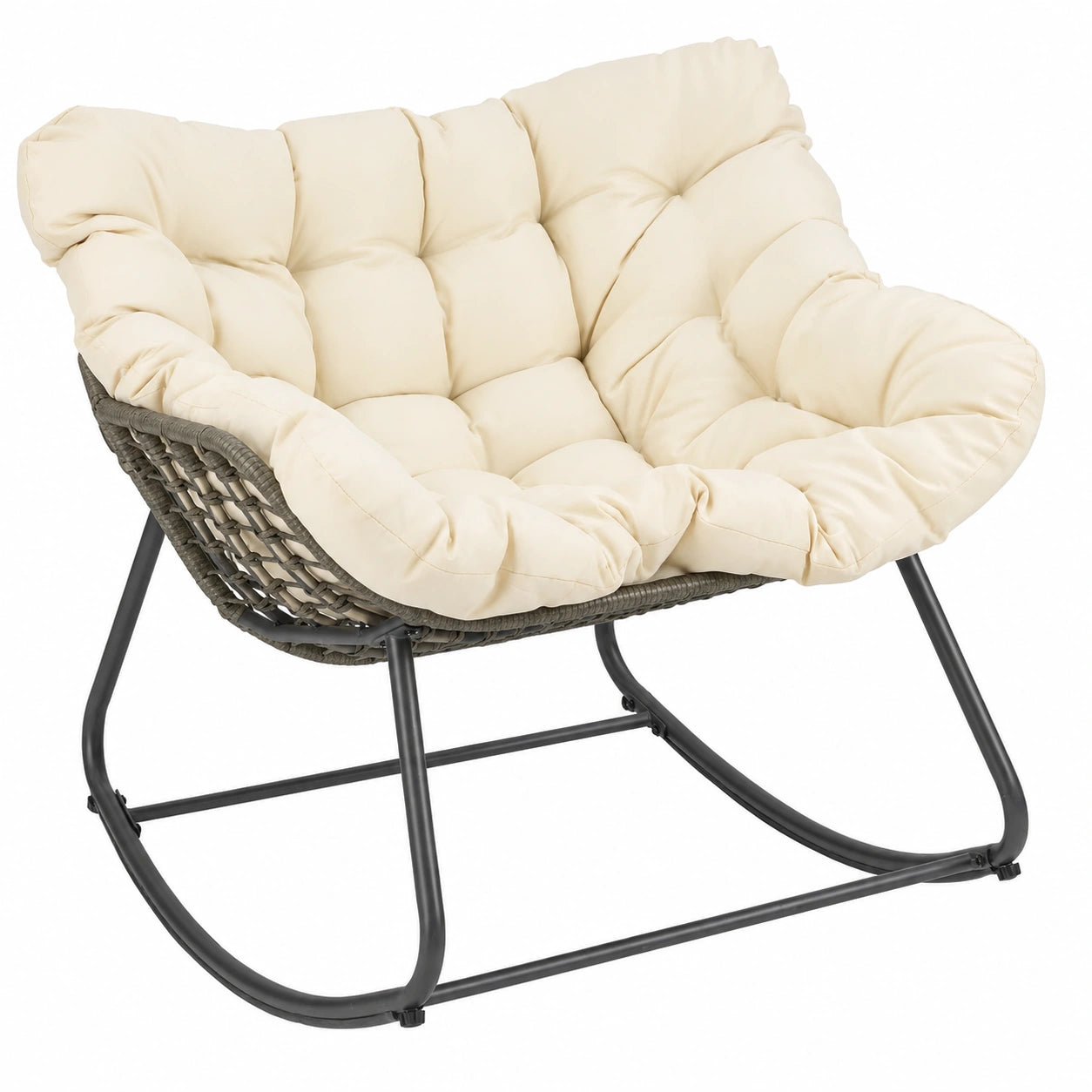 Sedia a Dondolo in Vimini PE con Cuscino per Esterni, Struttura in Metallo Robusto, Capacità 150 kg, Adatta a Giardino e Balcone, Beige