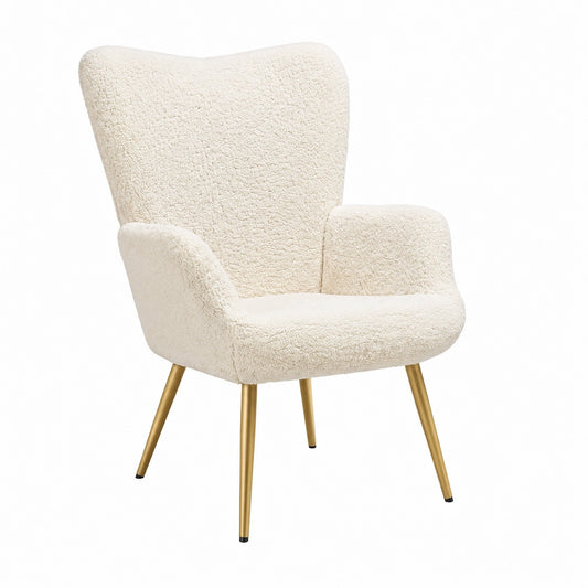 Poltrona Ergonomica Imbottita Bouclé per Soggiorno e Camera da Letto, Design Moderno, 150 kg, Crema/Dorato