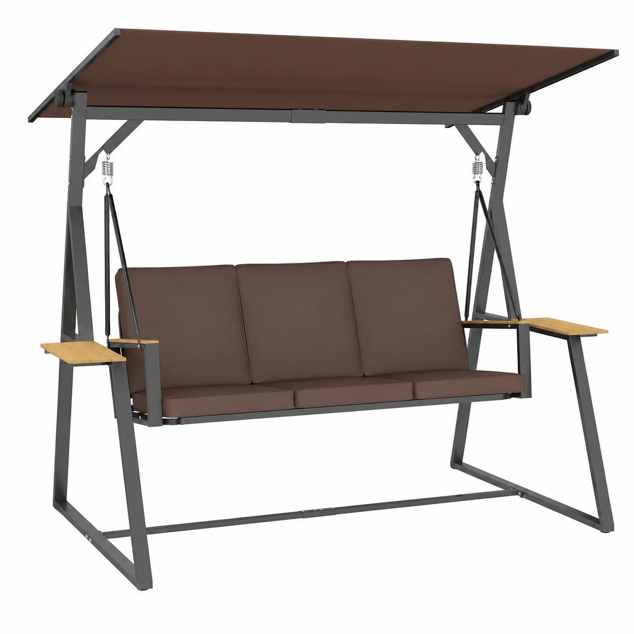 Dondolo da Giardino Outsunny 3 Posti con Tettuccio UV50+, Cuscini e Due Vassoi, Struttura in Metallo, Capacità 360kg, Marrone