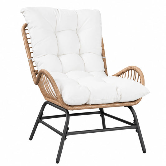 Sedia Relax in Rattan con Cuscino, Struttura Robusta per Esterni, Capacità 180 kg (Bianco)