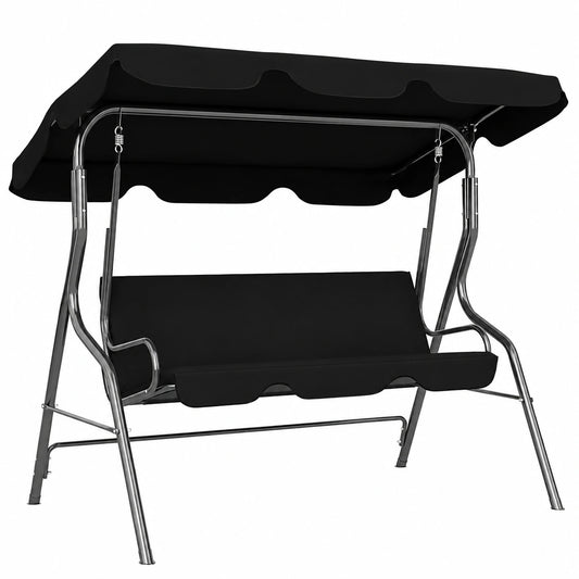 Sedia a Dondolo da Giardino 3 Posti con Tettuccio Regolabile, Cuscino Morbido, Portata 240 kg, Nero