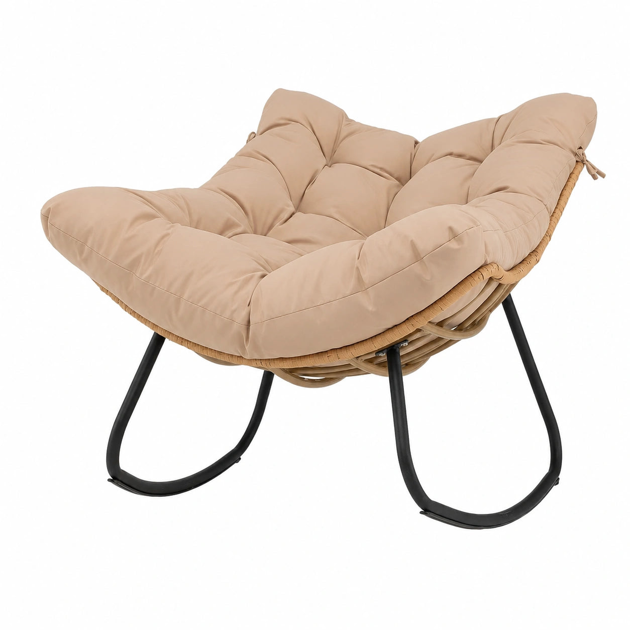 Sedia a Dondolo da Giardino in Rattan con Cuscino, Struttura in Metallo, per Interni ed Esterni, Beige
