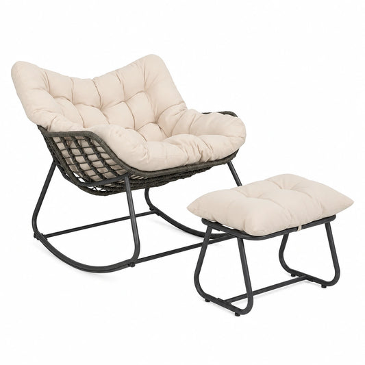 Sedia a Dondolo da Esterno in Rattan con Cuscini Rimovibili e Poggiapiedi, Struttura in Metallo, Beige, Capacità 150 kg