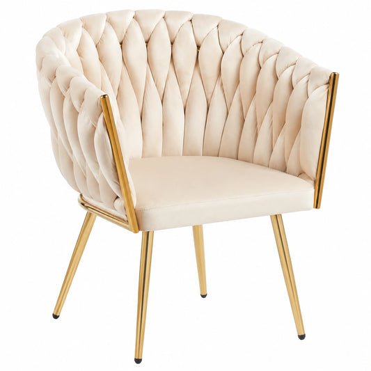 Poltrona Moderna in Velluto Intrecciato con Gambe in Metallo Dorato - Beige