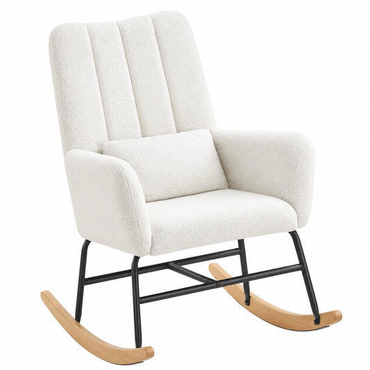 Poltrona a Dondolo Comfort SONGMICS, Braccioli e Rivestimento Morbido, Struttura in Acciaio, Gambe in Legno, Portata 160 kg, per Salotto e Camera, Bianco Crema