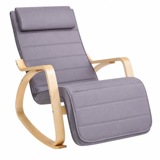 Poltrona a Dondolo Ergonomica con Braccioli in Betulla e Poggiapiedi Regolabile, Capacità 150 kg, Grigio Chiaro