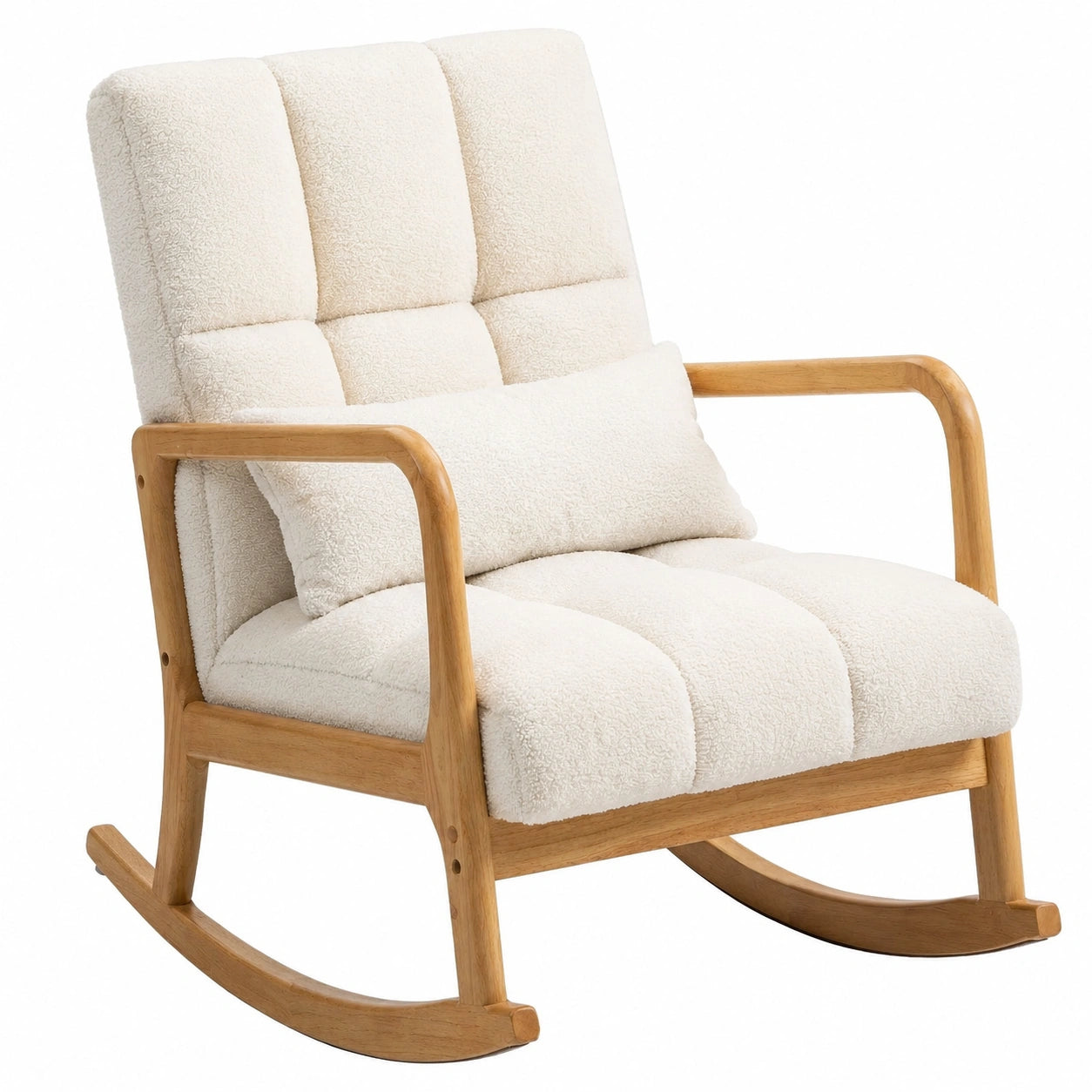 Sedia a Dondolo Regolabile in Tessuto Sherpa e Legno, con Cuscino Lombare, 64.5x82x89 cm, Bianco